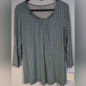 Croft & barrow Teal and Black Geometric Scoop Neck 3/4 Length Sleeve Top